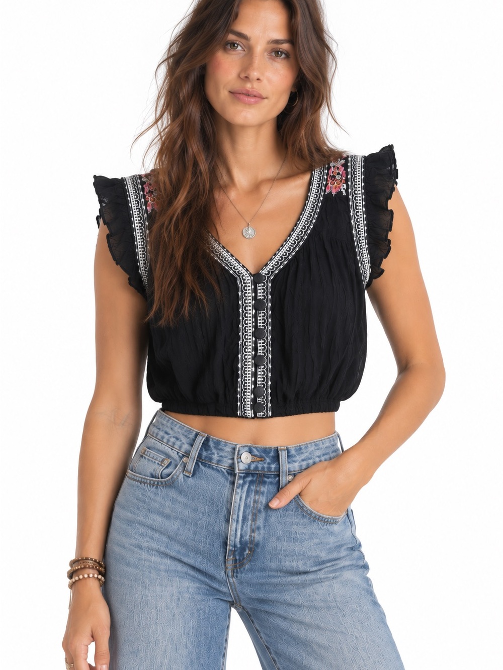 American Eagle Black Embroidered Boho Blouse Women’s Medium